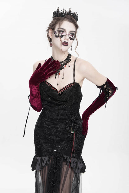 Black Floral Embroidery Mesh Hem Women's Gothic Long Slip Dress