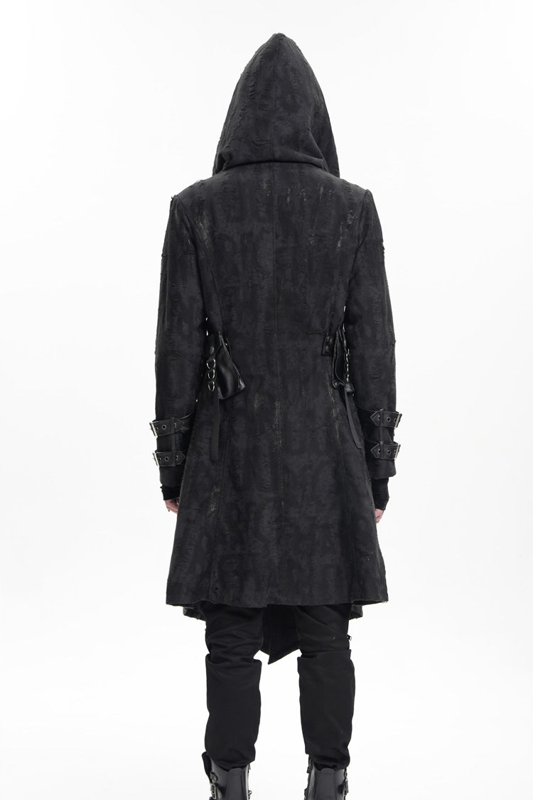 Black Buckle-up Eyelets Long Sleeves Hooded Men's Gothic Jacket