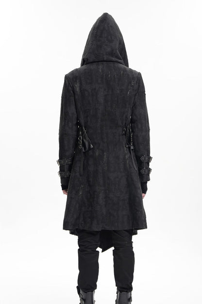 Black Buckle-up Eyelets Long Sleeves Hooded Men's Gothic Jacket