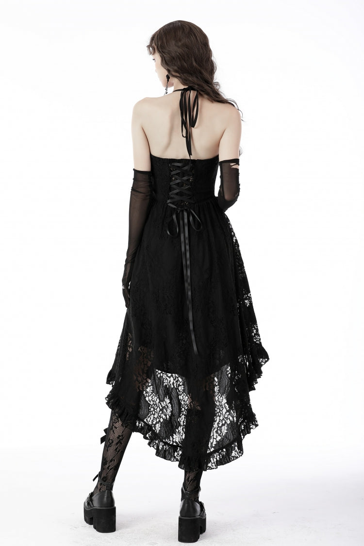 Black Off Shoulder Halterneck Ruffled Lace-Up Swallow Tail Floral Lace Women's Gothic Dress