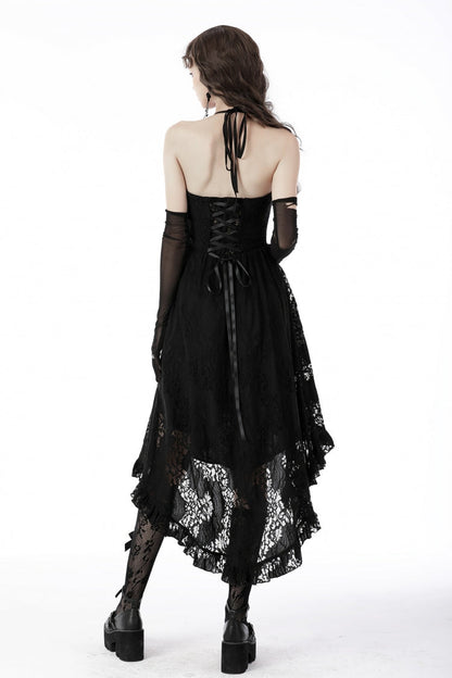 Black Off Shoulder Halterneck Ruffled Lace-Up Swallow Tail Floral Lace Women's Gothic Dress