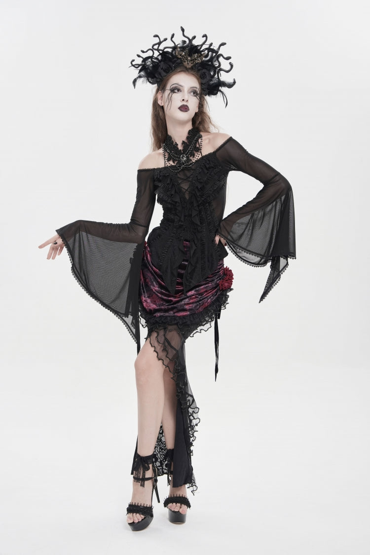 Black Off Shoulder Long Trumpet Sleeves Ruffled Embroidered Lace-Up Women's Gothic Blouse