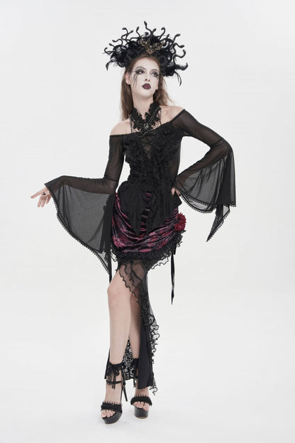 Black Off Shoulder Long Trumpet Sleeves Ruffled Embroidered Lace-Up Women's Gothic Blouse