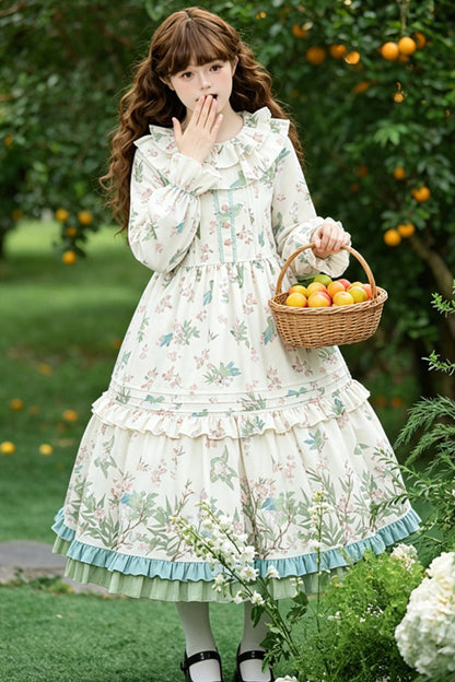 Apricot Round Collar Long Sleeves Double-Layered Floral Bird Printed Ruffled Bow Sweet Plus Size Lolita Dress