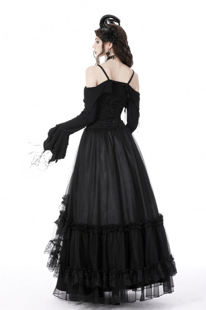 Black Off Shoulder Long Trumpet Sleeves Lace-Up Women's Gothic Sexy Crop Top