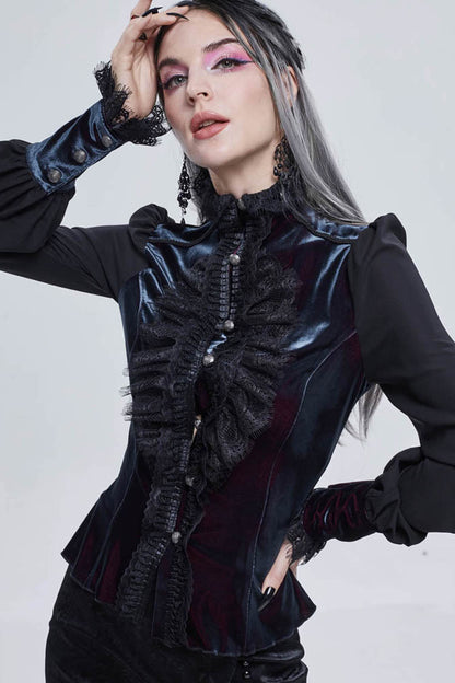 Black Gothic Turtleneck Three-Dimensional Lace Lantern Sleeves Stitched Velvet Lace-Up Long Sleeves Women's Shirt