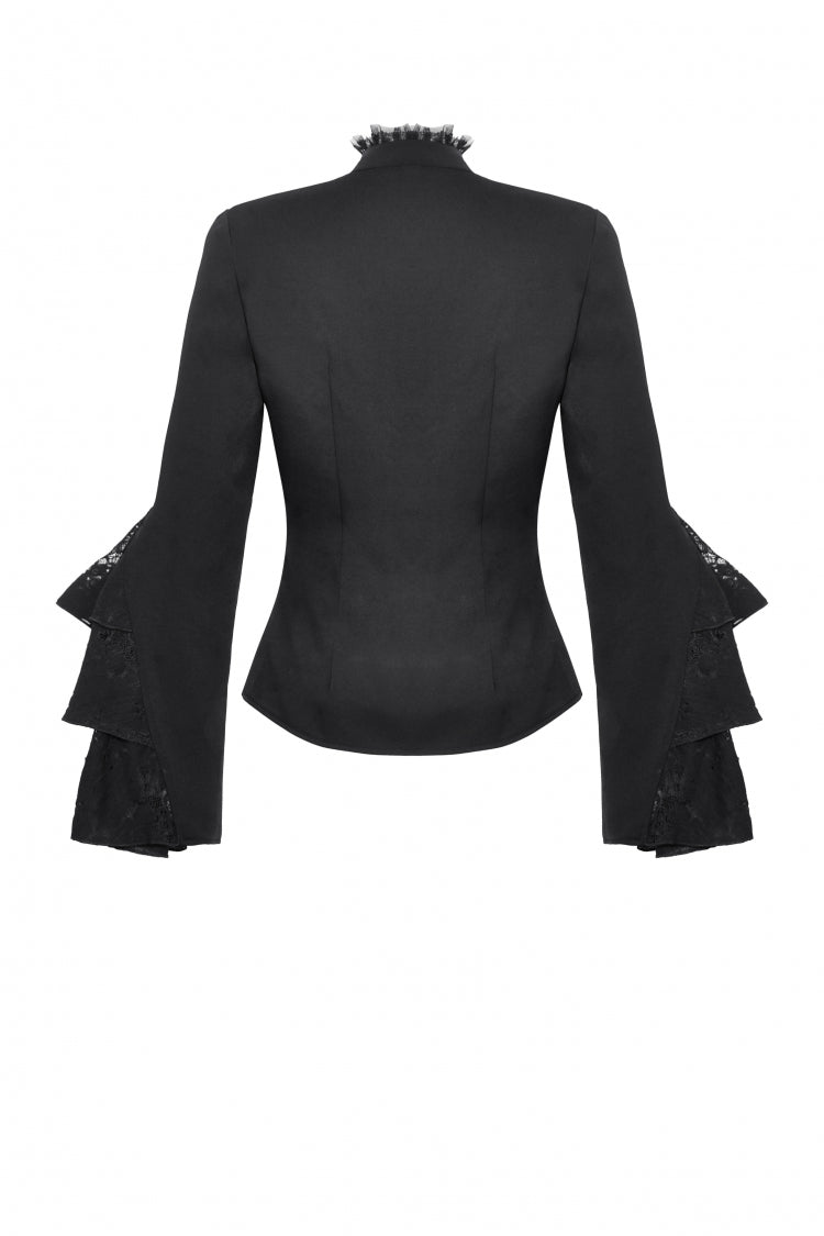 Black Lace Stand Collar Multi-Layered Ruffled Long Flared Sleeves Women's Gothic Blouse