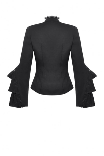 Black Lace Stand Collar Multi-Layered Ruffled Long Flared Sleeves Women's Gothic Blouse