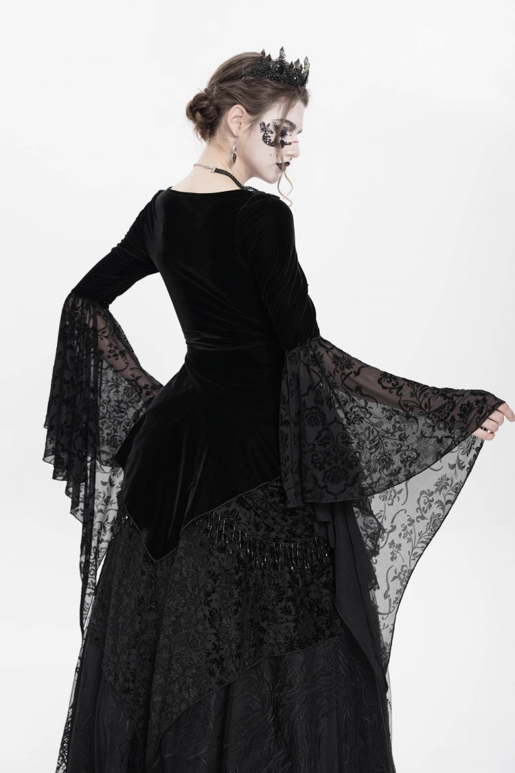 Black Long Sleeves Lace-Up Beaded Pleated Women's Gothic Blouse