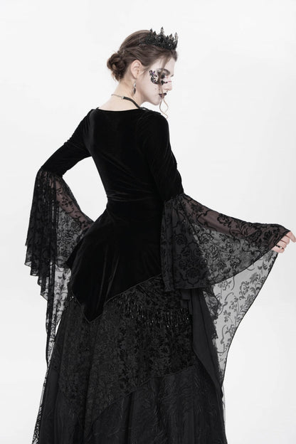 Black Long Sleeves Lace-Up Beaded Pleated Women's Gothic Blouse