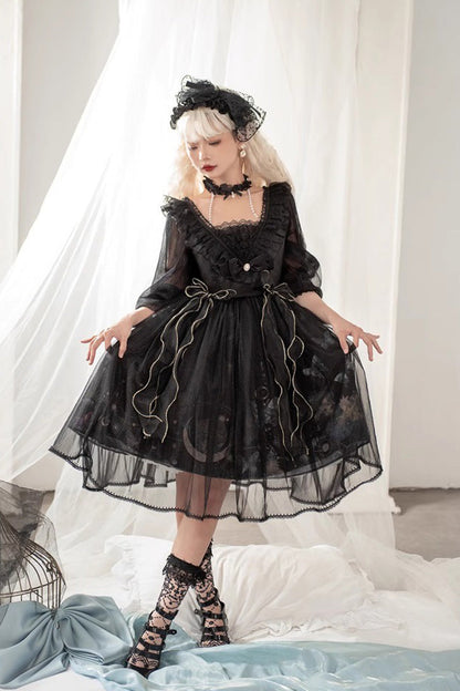 Black High Waisted Planet Butterfly Print Ruffle Lace Gothic Lolita Dress