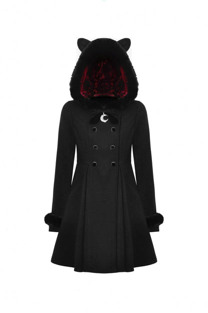 Black Long Sleeves Crescent Moon Bow Spliced Double-breasted Women's Gothic Coat with Cat Ear Hood