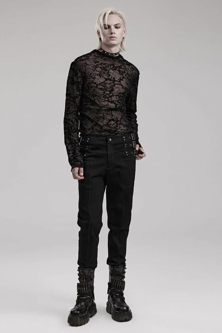 Black Long Sleeves Print Sheer Mesh Mens Gothic T-Shirt