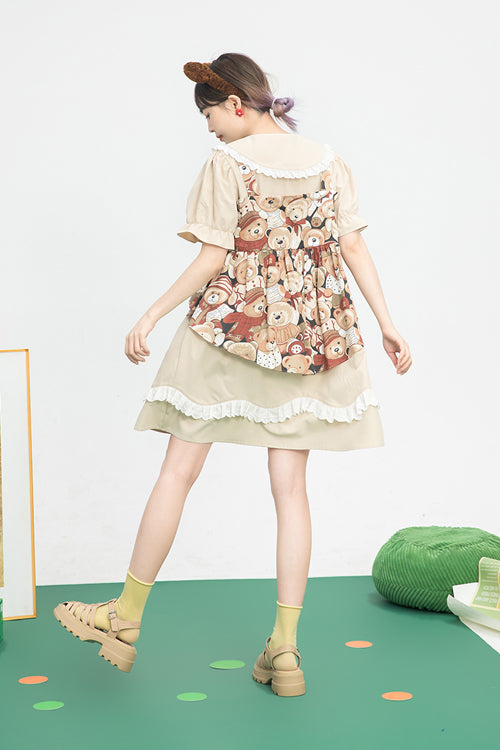 Beige Vintage Doll Collar Bear Print Fake Two Pieces Short Sleeves Sweet Lolita Dress