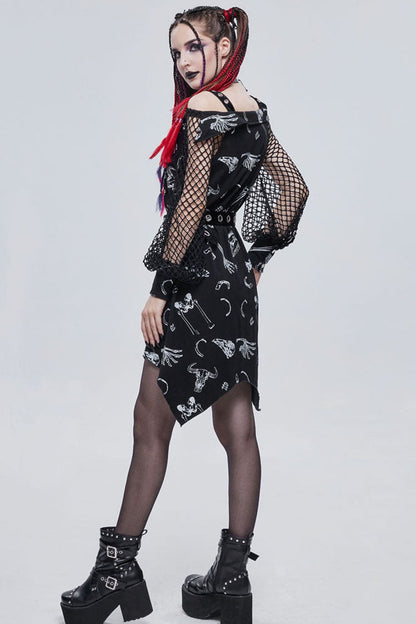 Black Gothic Knit Bone Print Sling Metal Grommet Strap Design Long Sleeve Women's Dress