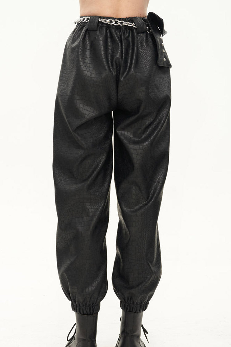 Black Gothic Crocodile Pattern Metal Chain Design Lantern Leather Women's Pants