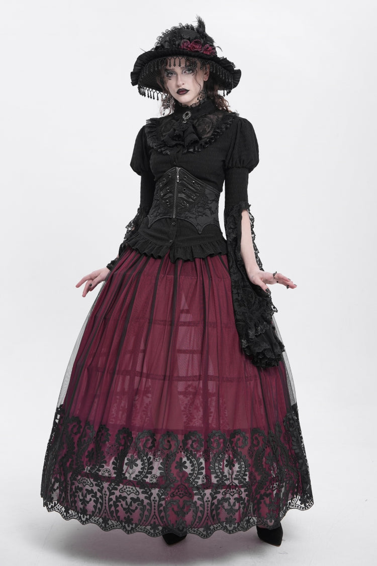 Black Batwing Beaded Lace-Up Zipper Women's Underbust Corset