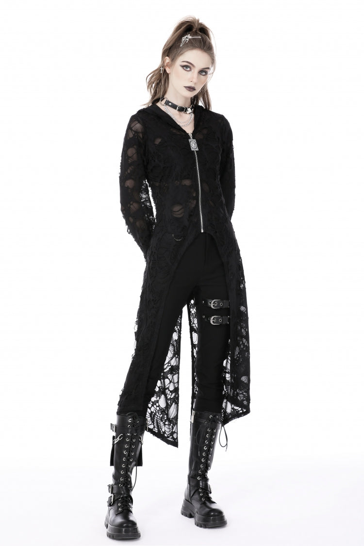 Black Long Sleeves Split Ripped Zippered Women's Punk Long Coat with Hood