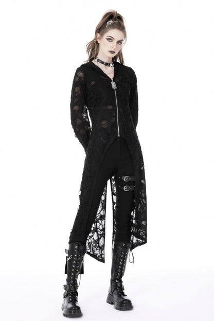Black Long Sleeves Split Ripped Zippered Women's Punk Long Coat with Hood