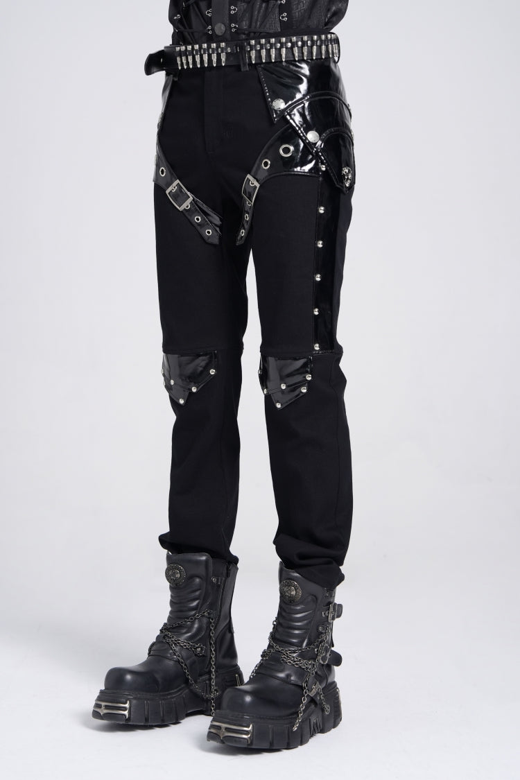 Black Armor Patent Leather Stitching Men's Punk Pants