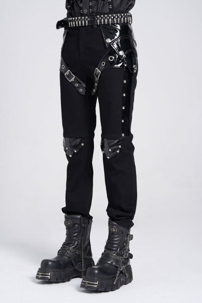 Black Armor Patent Leather Stitching Men's Punk Pants
