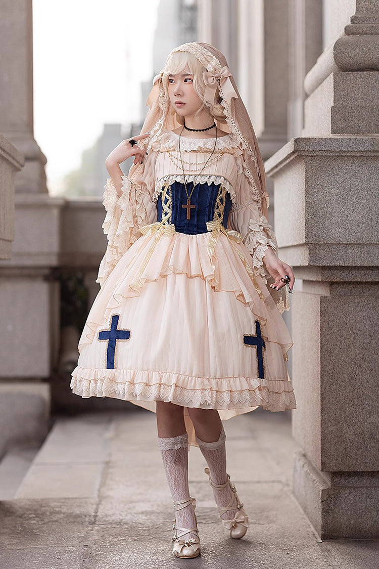 Apricot Eternal Life Song Print Cross Embroidery Sleeveless Ruffle Sweet Lolita Dress
