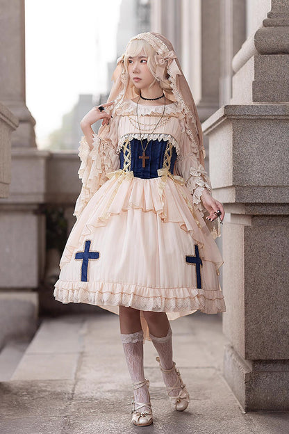 Apricot Eternal Life Song Print Cross Embroidery Sleeveless Ruffle Sweet Lolita Dress
