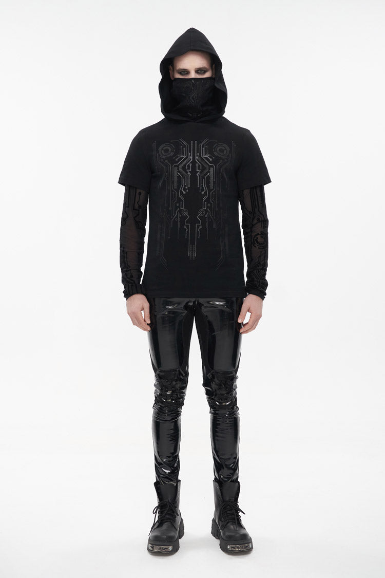 Black Paneled Mesh Long Sleeve Super High Collar Masked Circuit Diagram Printed Hooded Knitted Men's Punk T-Shirt