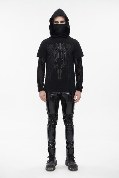 Black Paneled Mesh Long Sleeve Super High Collar Masked Circuit Diagram Printed Hooded Knitted Men's Punk T-Shirt