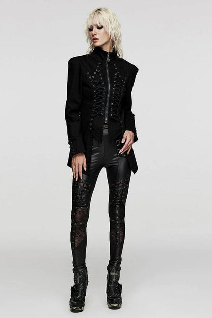 Black Denim Eyelet Rope Stand Collar Zipper Slim Irregular Womens Steampunk Coat