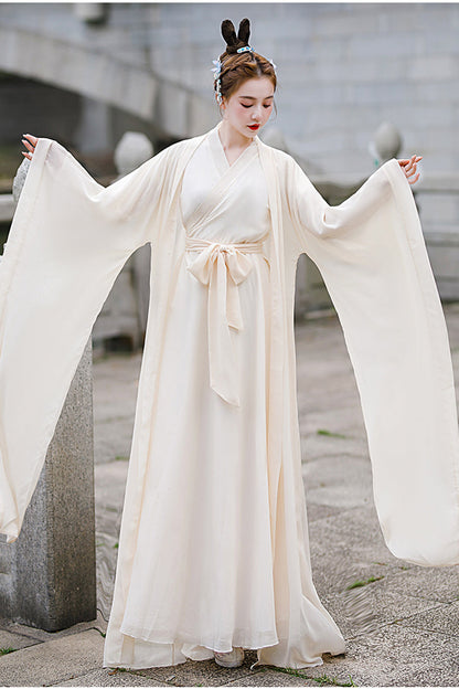 Beige Chang'E Ancient Costume Elegant Wide Sleeves Classic Hanfu Dress