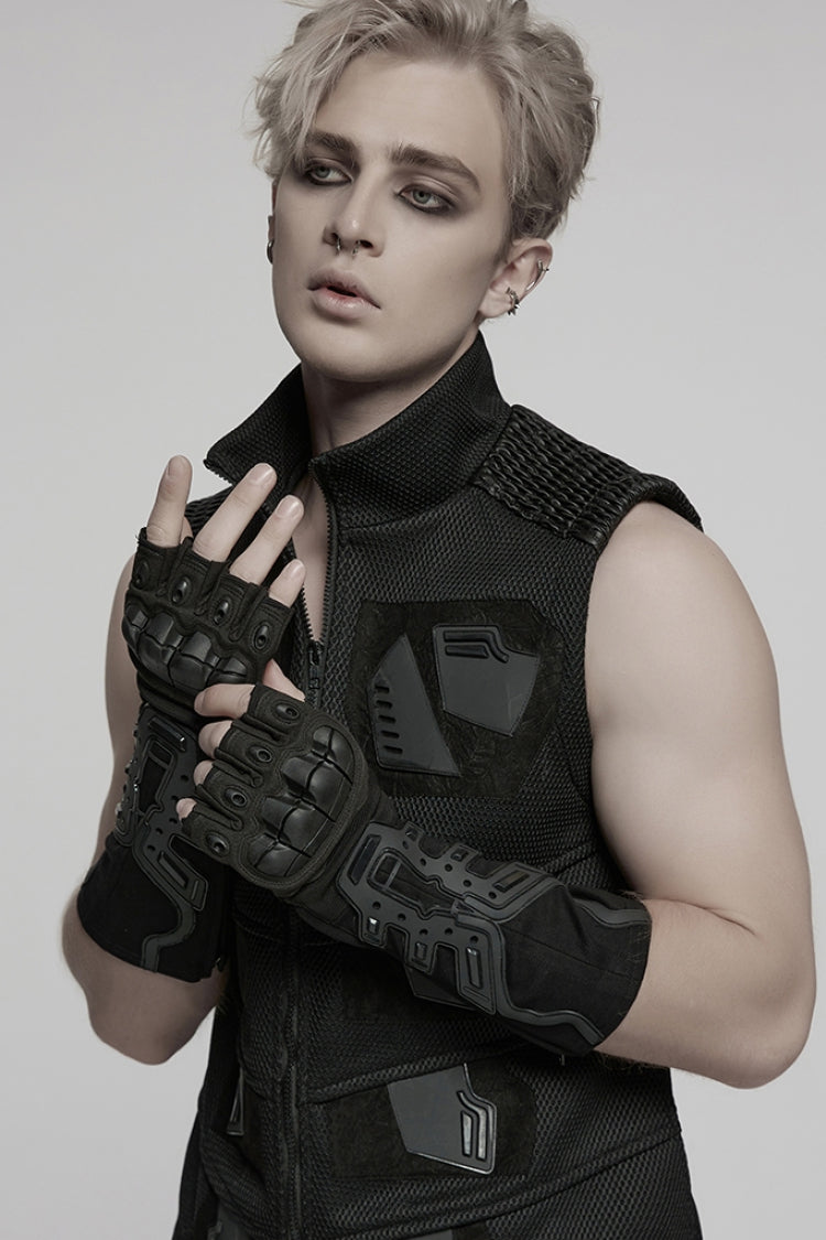 Black Men's Punk Cool Rubber Patched Half-finger Gloves