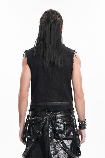 Black Lapel Collar Sleeveless Ripped Buckle Eyelets Men's Gothic Vest