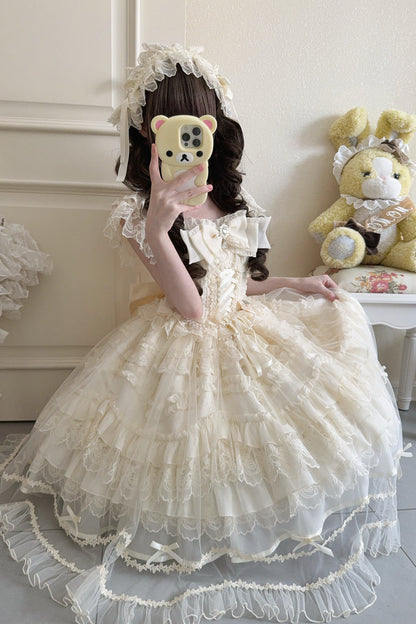 Apricot [Eternal Vow] Sleeveless Multi-Layered Ruffle Hanayome Bowknot Lace Lace-Up Sweet Lolita Jsk Dress