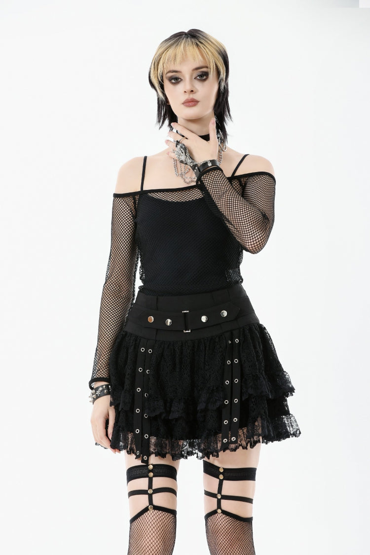 Black Off Shoulder Long Sleeves Mesh Women's Gothic Versatile Top