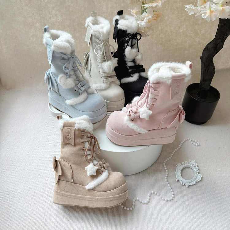 Black Cute Platform Thick-Soled Bowknot Lace-Up Sweet Lolita Plush Boots