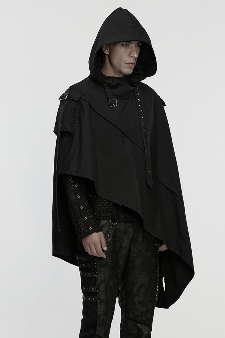 Black Irregular Hooded Buckle Straps Men's Punk Cloak