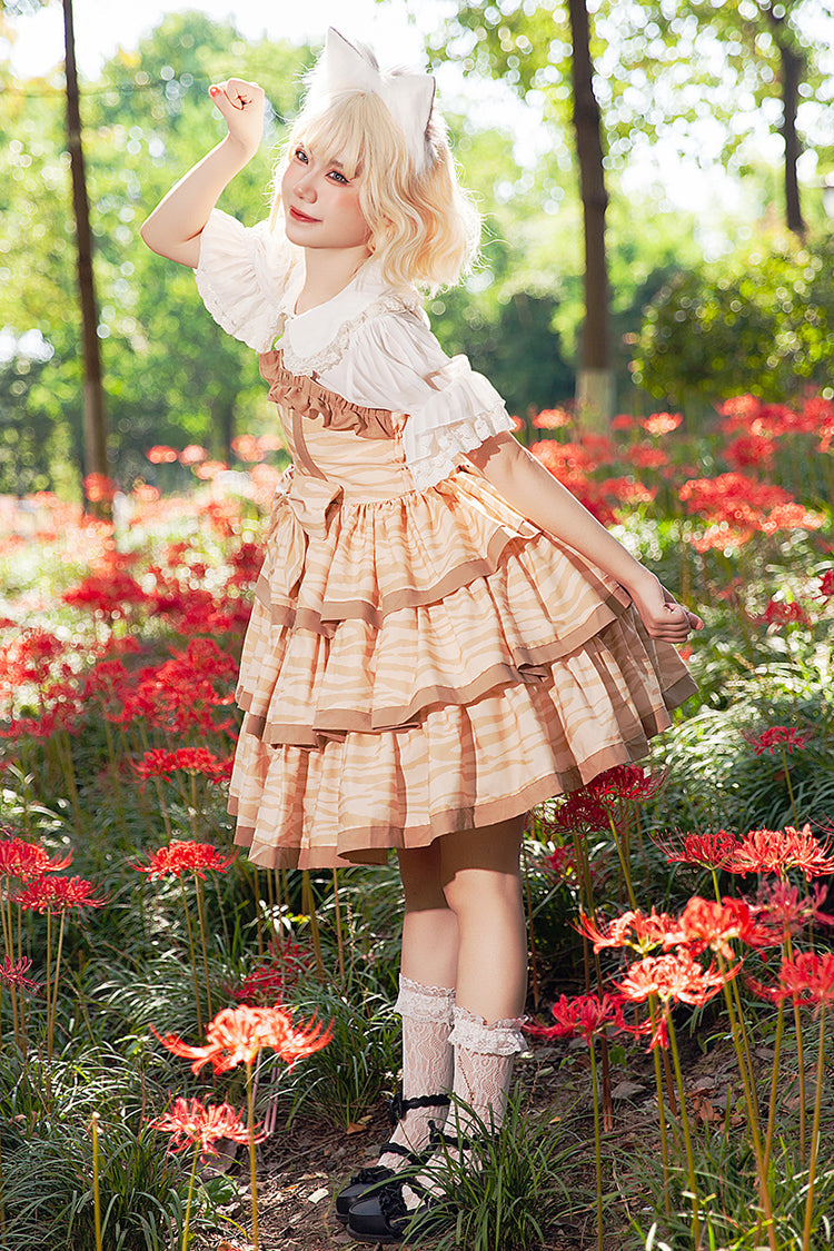 Apricot [Cloth Cat] Triple-Layered Print Ruffle Bowknot Sweet Lolita Dress