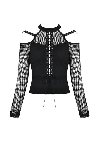Black Off Shoulder Long Sleeves Lace-Up Mesh Women's Punk Top