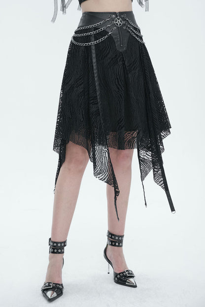Black Irregular Half Hollow Knit Metal Chain Decorated Women's Punk Skirt