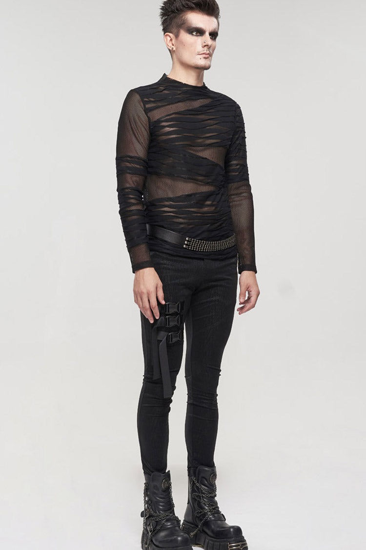 Black Gothic Bandage Design Net Yarn Perspective Men's Sweater