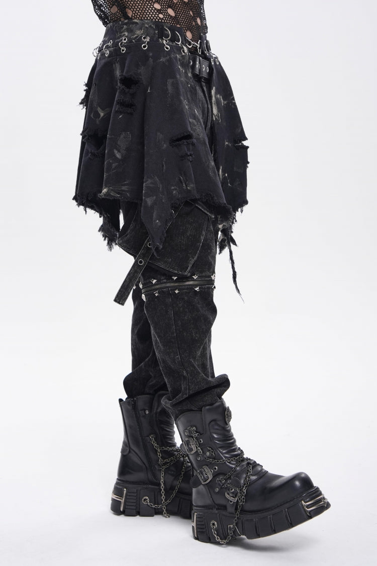 Black Irregular Ripped Buckled Pleated Chain-Decorated Men's Punk Skirt
