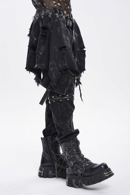 Black Irregular Ripped Buckled Pleated Chain-Decorated Men's Punk Skirt