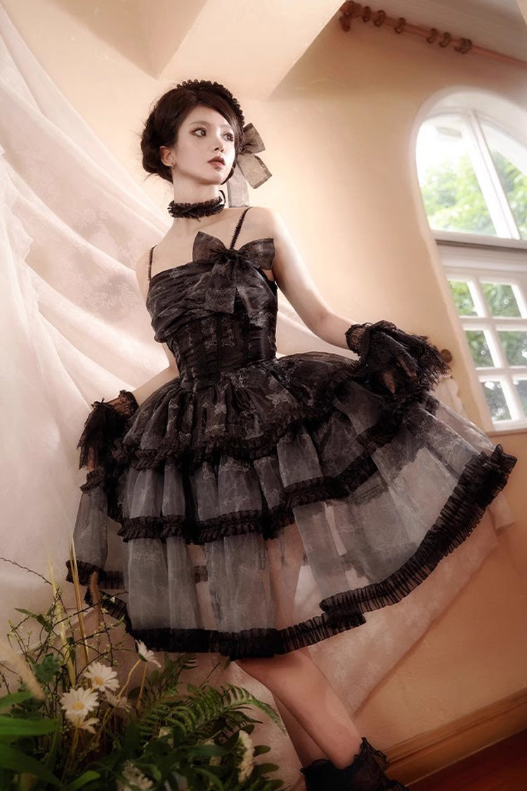 Black Multi-layer Butterfly Print Bowknot Lace Fish Bone Gothic Lolita Jsk Dress