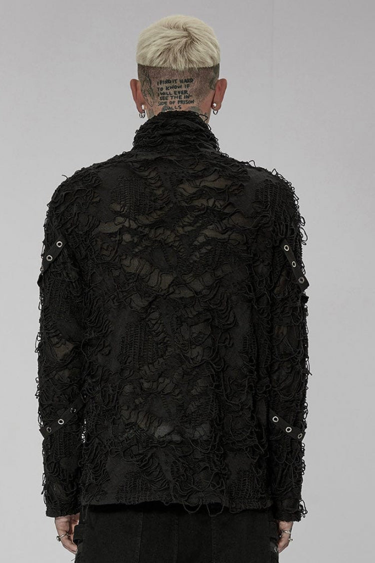 Black High Collar Stitching Ripped Men's Steampunk Blouse