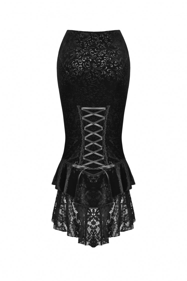 Black Jacquard Lace Lace-Up Women's Gothic Dovetail Wrap Skirt