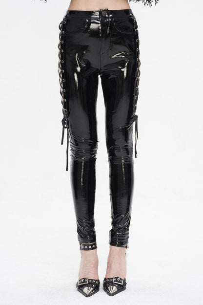 Black Patent Leather Side Cutout Lace Up Women's Punk Pants