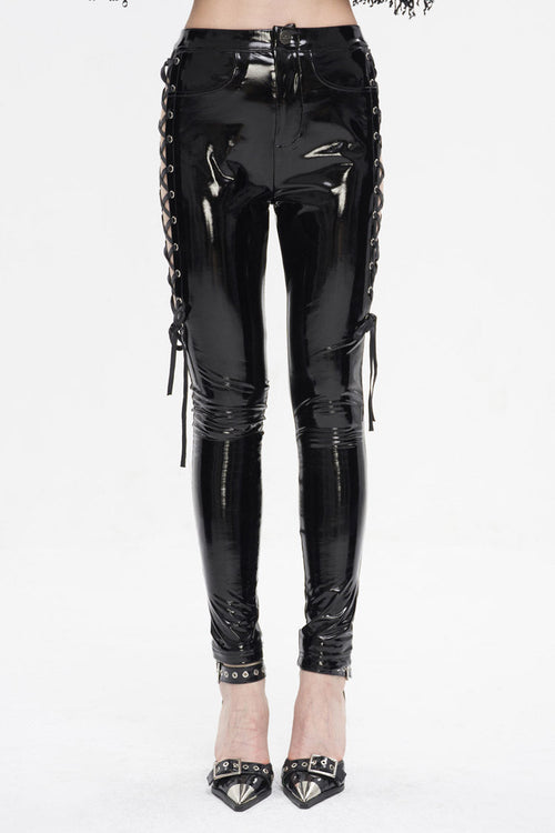 Black Patent Leather Side Cutout Lace Up Women's Punk Pants