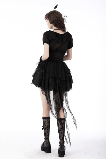 Black Lace-Up Multi-Layered Lace Women's Gothic Fishtail High Low Tunic Skirt