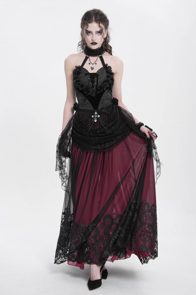 Black Halterneck Sleeveless Embroidery Stitching Rose Heart Lace Women's Gothic Blouse